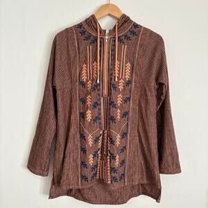 Anthropologie Mur Mur Boho Hoodie Embroidered Blue Striped Cotton Top Size S